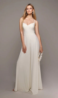 A woman models the Long White Jumpsuit: Alyce 70022, sleeveless and ivory, holding a clutch against a plain gray background.