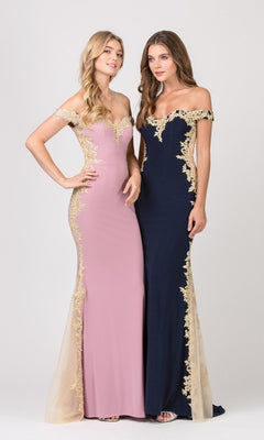 Two women wear Long Formal Dress: Eureka 7006 in Dusty Rose/Gold, both with gold metallic lace appliques, standing against a plain background.