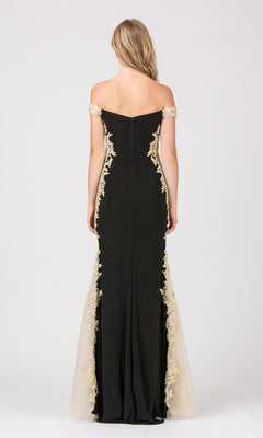 Woman facing away, wearing the Long Formal Dress: Eureka 7006—an off-shoulder black mermaid gown with beige metallic lace appliques and a floor-length fitted silhouette.