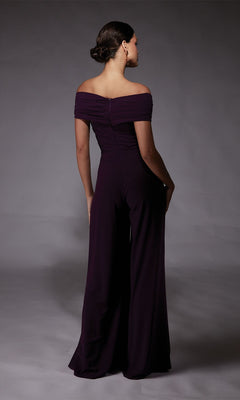 Back view of a woman in the Alyce 70067 long formal dress in dark purple, featuring an elegant off-the-shoulder design and wide-leg pants.