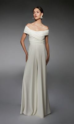 A woman models the Alyce 70067 long formal dress in white, featuring draped detailing and an off-the-shoulder design for an elegant look.