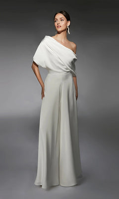 Woman wearing the Long White Jumpsuit: Alyce 70072, featuring wide-leg pants, stands against a plain gray background.