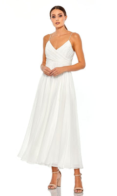 A woman wears the Mac Duggal 70099 A-Line Midi Wedding Guest Dress, featuring a white sleeveless V-neck design with thin straps and pleated details, styled with nude high-heeled sandals.