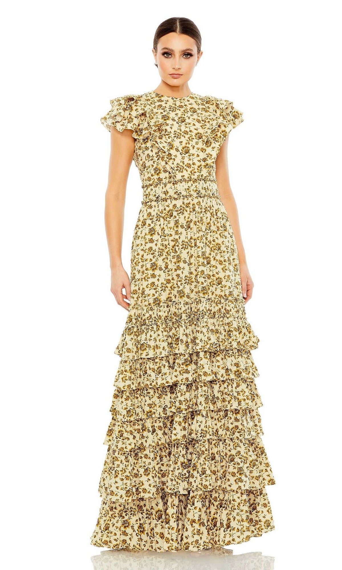 Mac Duggal Floral Tiered Ruffle Gown Taupe Multi