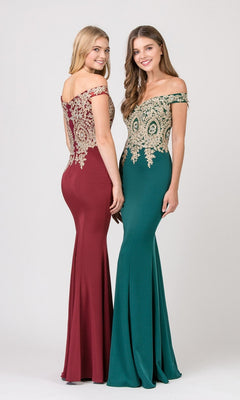 Two women wearing Long Formal Dress: Eureka 7012—one with a red mermaid skirt, the other a teal off-shoulder style, both with metallic lace applique.