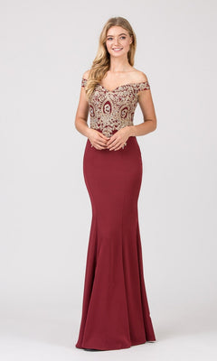 Woman wearing Long Formal Dress: Eureka 7012 in H.Green/Gd, featuring off-the-shoulder style and metallic lace applique, smiling against a plain light background.