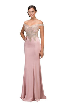 Woman wearing Long Formal Dress: Eureka 7012 in blush/gold with off-the-shoulder design, gold embroidery, and metallic lace applique on the bodice against a white background.