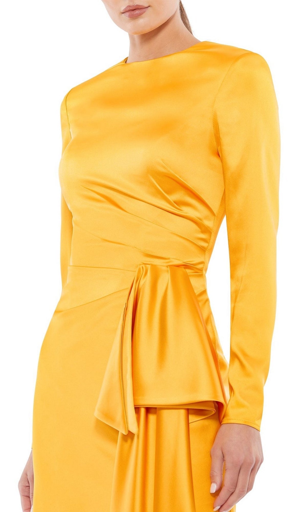 A woman wears the Yellow Cocktail Party Dress 70152 by Mac Duggal, featuring marigold yellow fabric, long sleeves, a fitted waist, and draped hip detail.