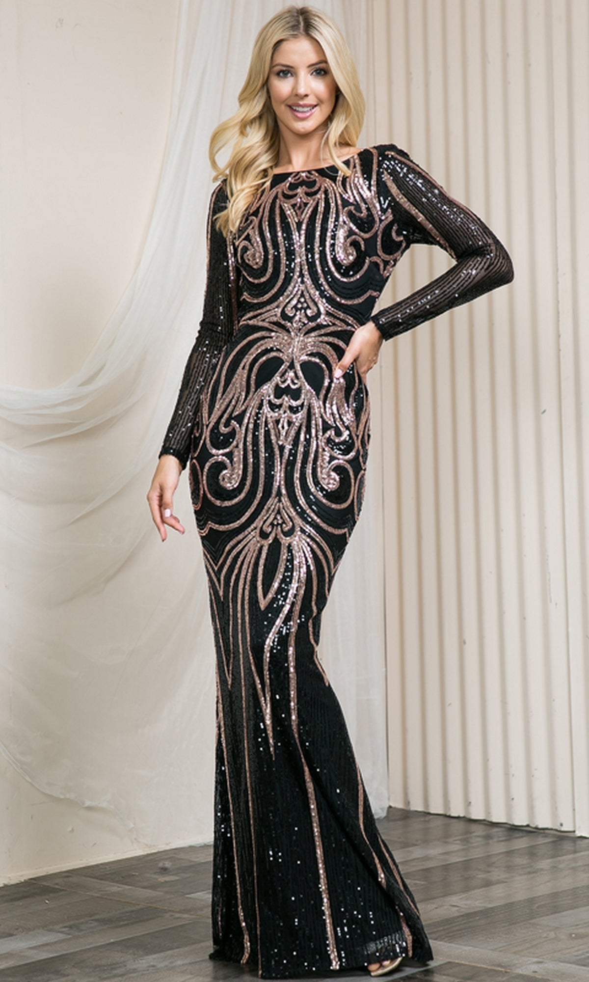 Long Sleeve Long Sequin Formal Dress 7015