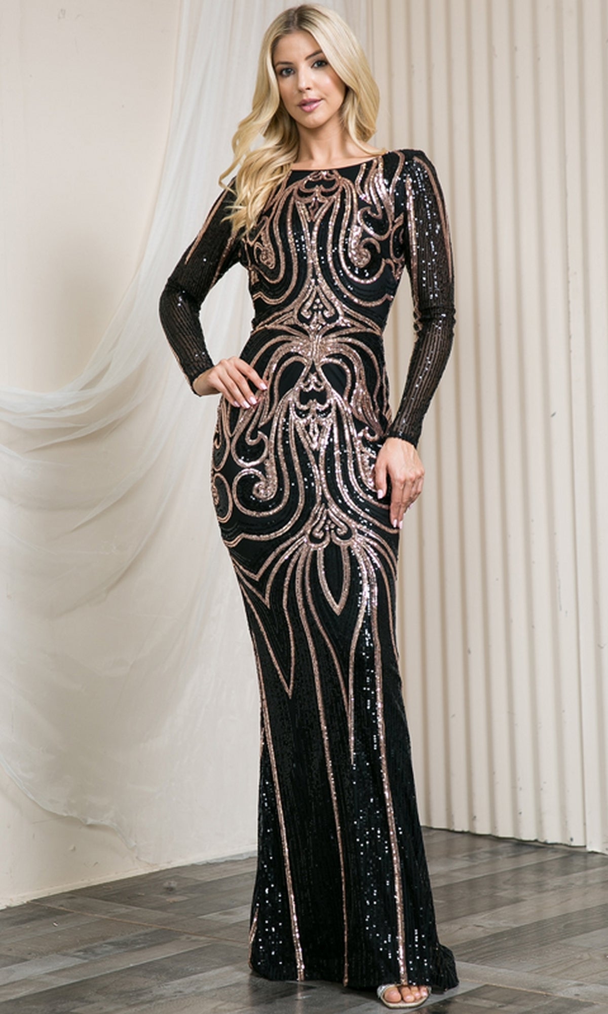 Long Sleeve Long Sequin Formal Dress 7015