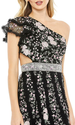 A woman wearing the Long Formal Dress 70160 by Mac Duggal—a black one-shoulder evening gown with pink floral embroidery, lace details, a silver waistband, and a waist cutout—perfect for formal occasions.
