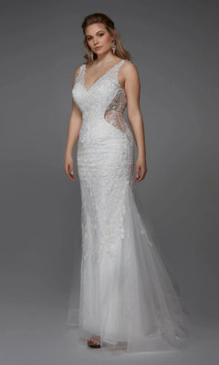 A woman poses against a gray background wearing the Alyce 7017 Long White Dress, a sleeveless, fitted gown featuring sheer side panels and a tulle trumpet skirt.