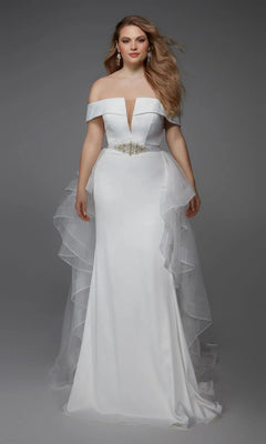 A woman wears the Alyce 7020 Long White Dress—a satin off-the-shoulder gown with a fitted bodice, deep V neckline, beaded belt, and layered tulle hip accents—ideal for bridal events or elegant wedding receptions.