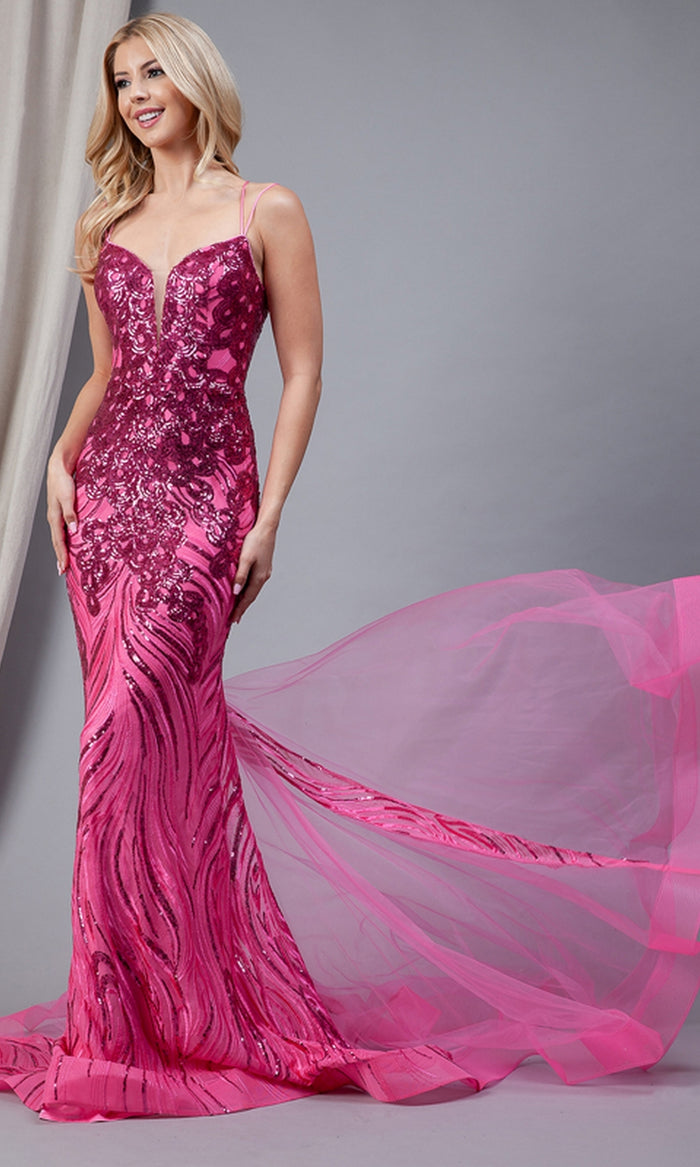 Sequin-Print Long Prom Dress 7021 with Tulle Train