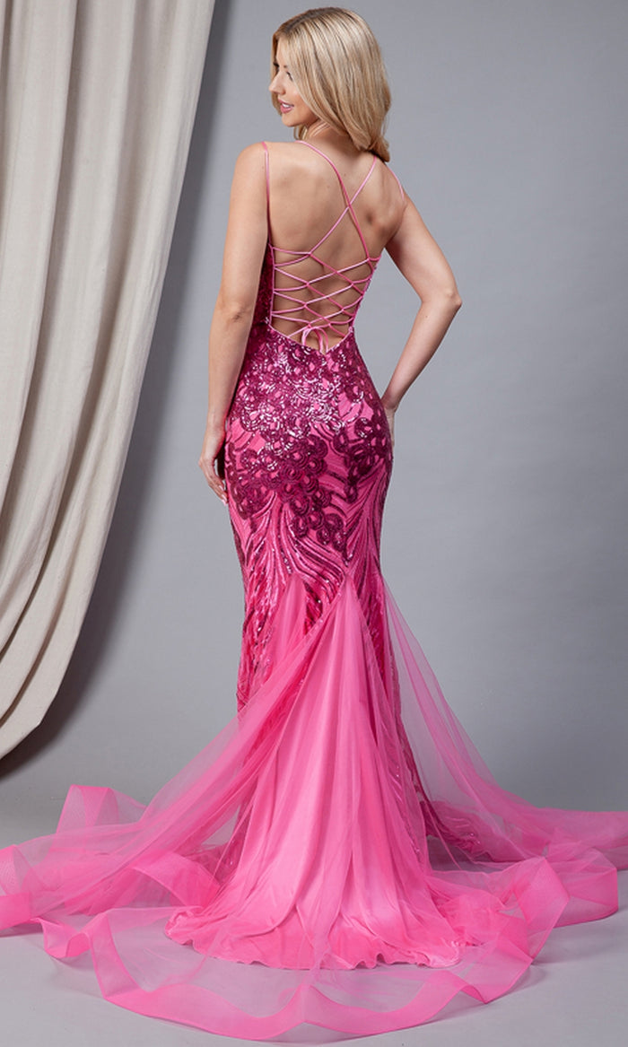 Sequin-Print Long Prom Dress 7021 with Tulle Train