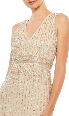 A woman wearing the Mac Duggal 70267 Beaded Midi Wedding-Guest Dress, a sleeveless V-neck design with a high waist and shimmering beaded details.