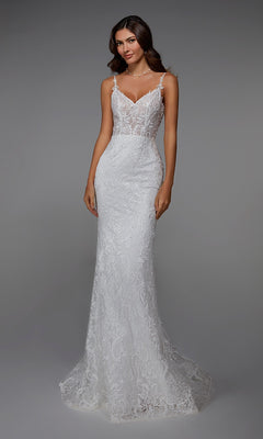 A woman in the Alyce 7028 Long White Dress, an ivory, fitted sleeveless gown with lace embroidery and a slight train, poses against a plain grey background—ideal for formal events.
