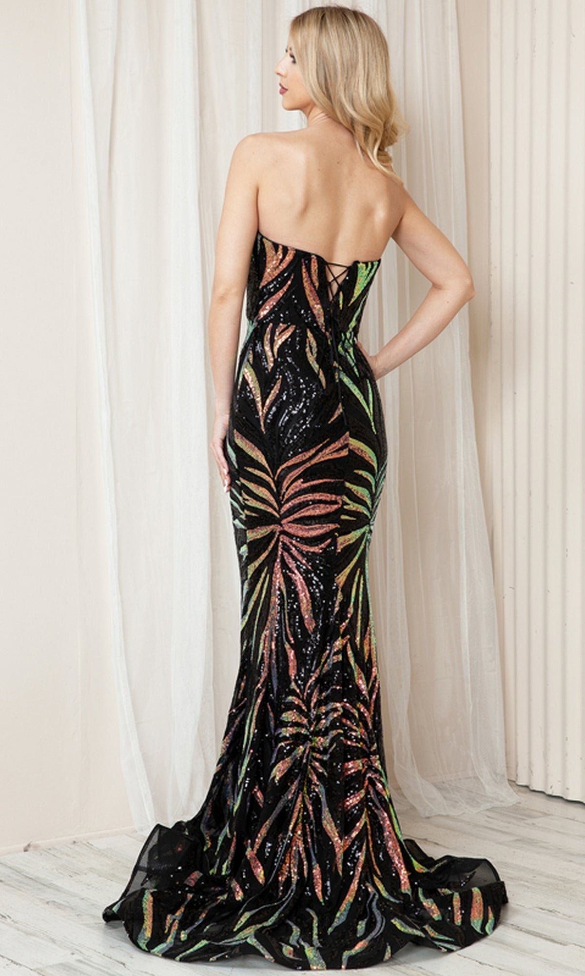 Sequin-Print Strapless Long Prom Dress 7028