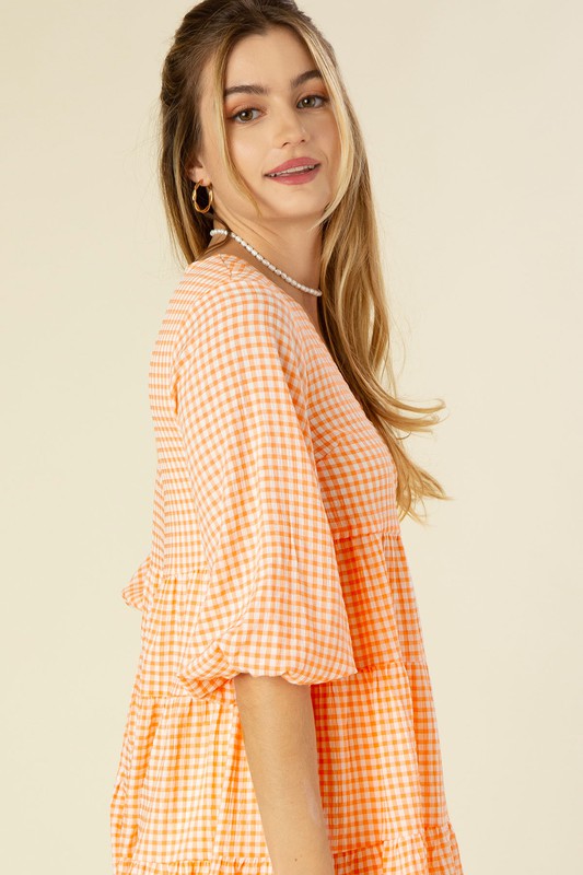 Short Gingham Print Tiered Casual Dress FGDR31L009