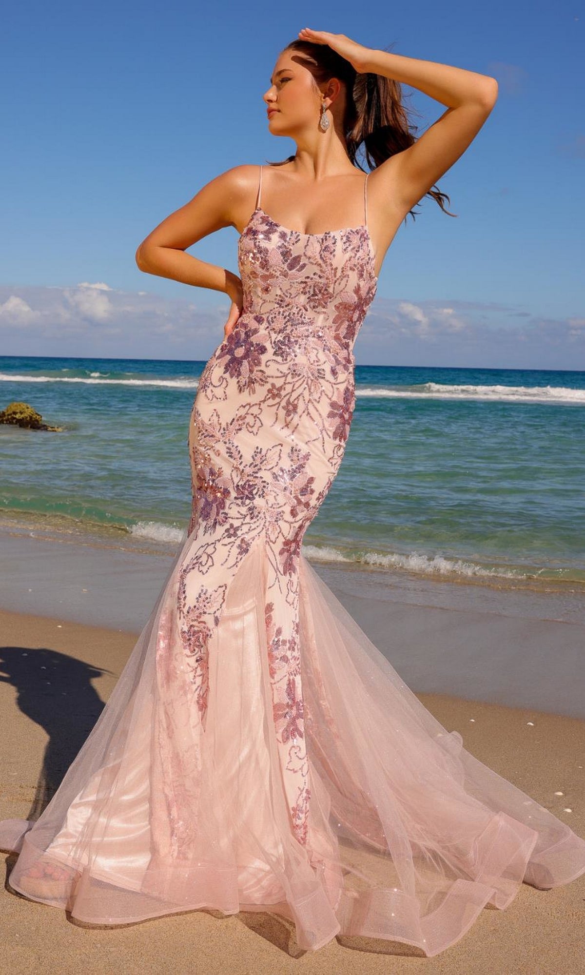 Floral-Sequin Long Mermaid Prom Dress 7038