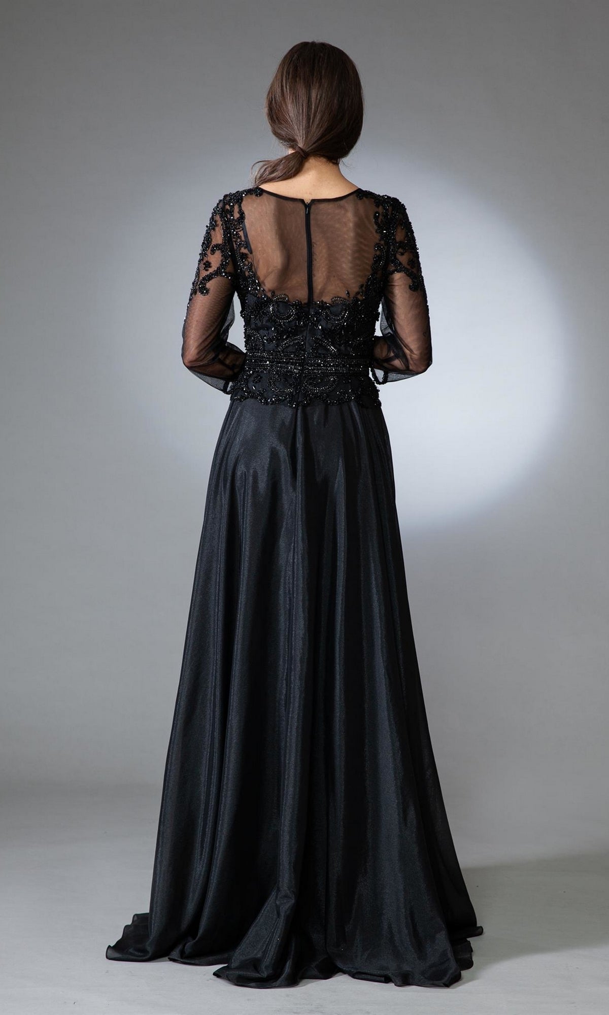 Sheer-Sleeve Long Modest Formal Dress 7041