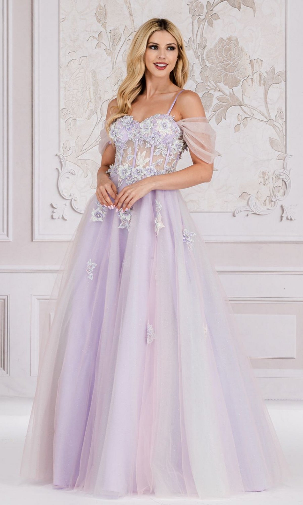 Long Cold-Shoulder Princess Prom Ball Gown 7044