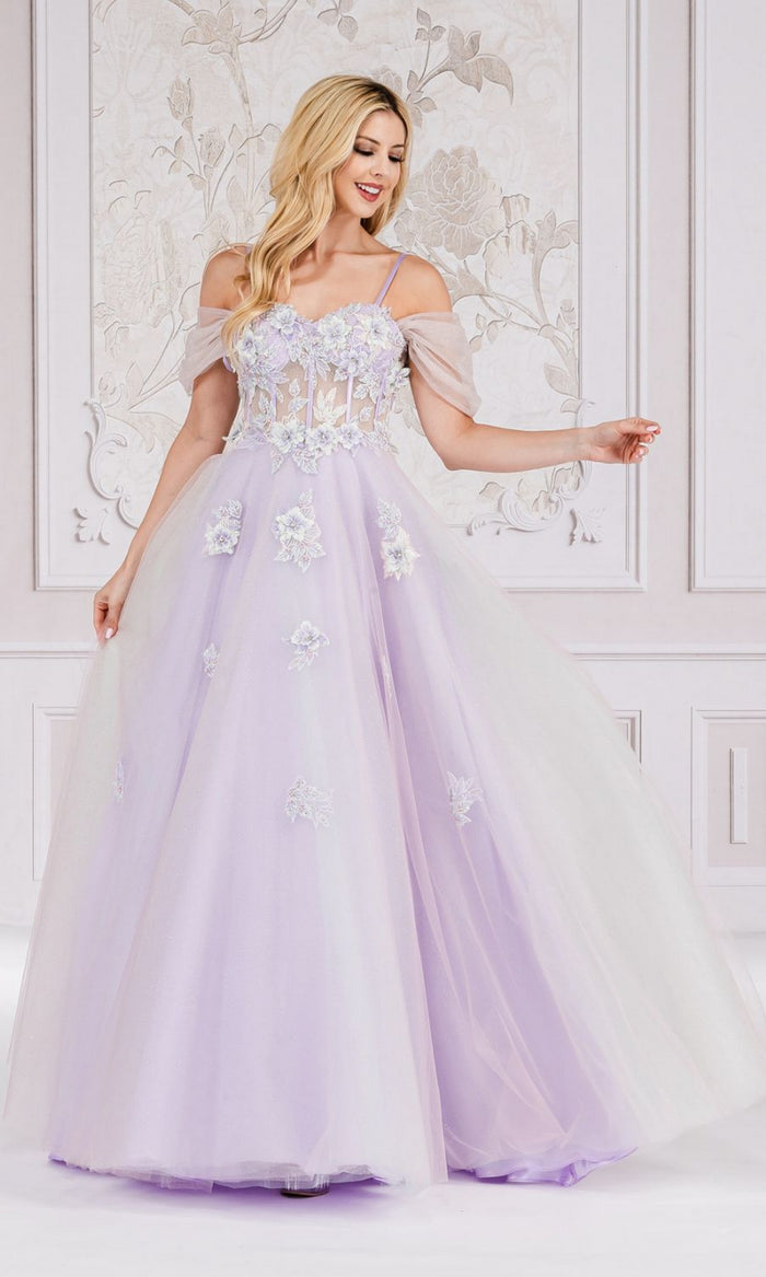 Long Cold-Shoulder Princess Prom Ball Gown 7044