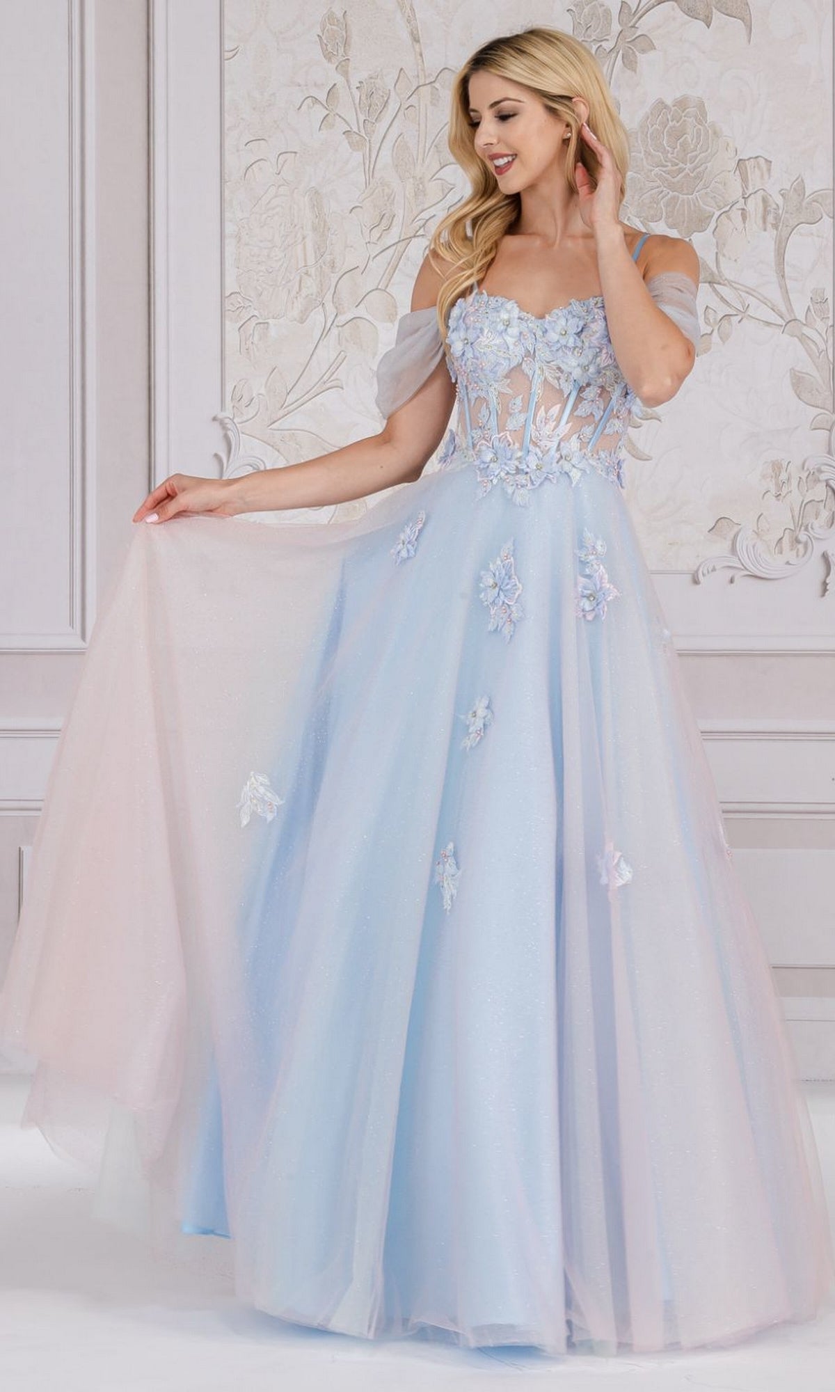 Long Cold-Shoulder Princess Prom Ball Gown 7044