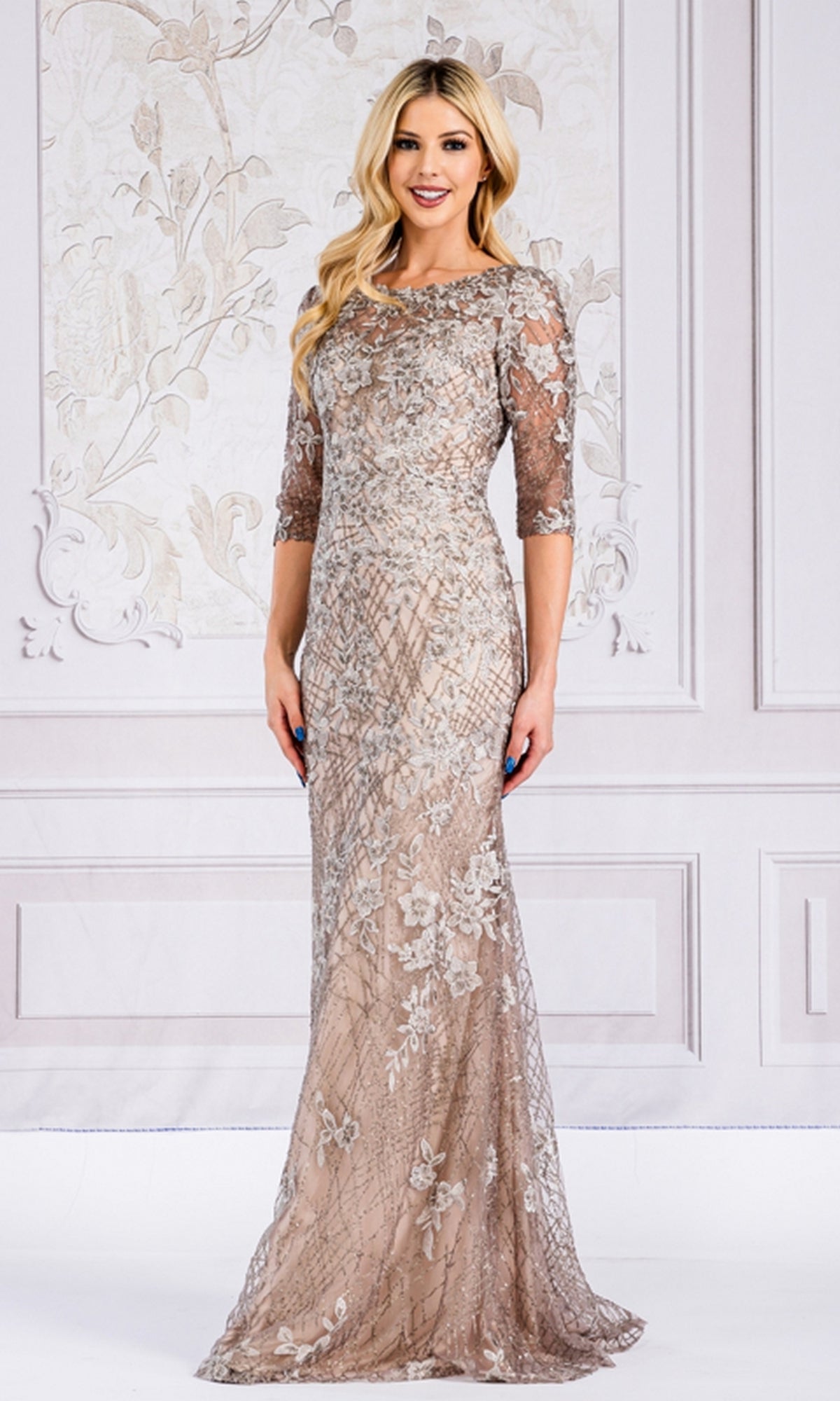 Floral-Embroidered Long Sleeve Formal Dress 7045