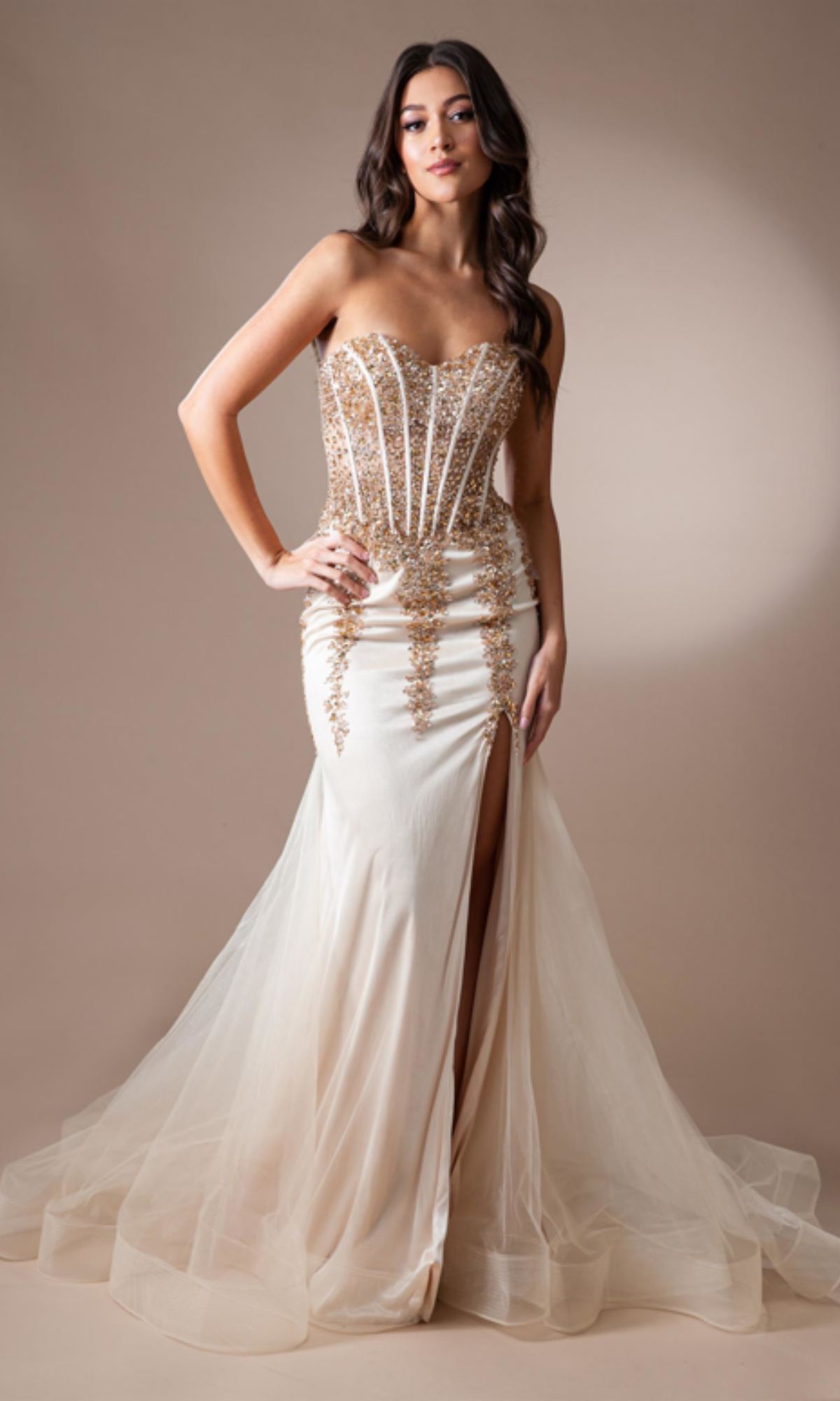 Strapless Long Beaded Prom Dress with Sheer Bodice PromGirl Strapless Long Beaded Prom Dress with Sheer Bodice PromGirl
