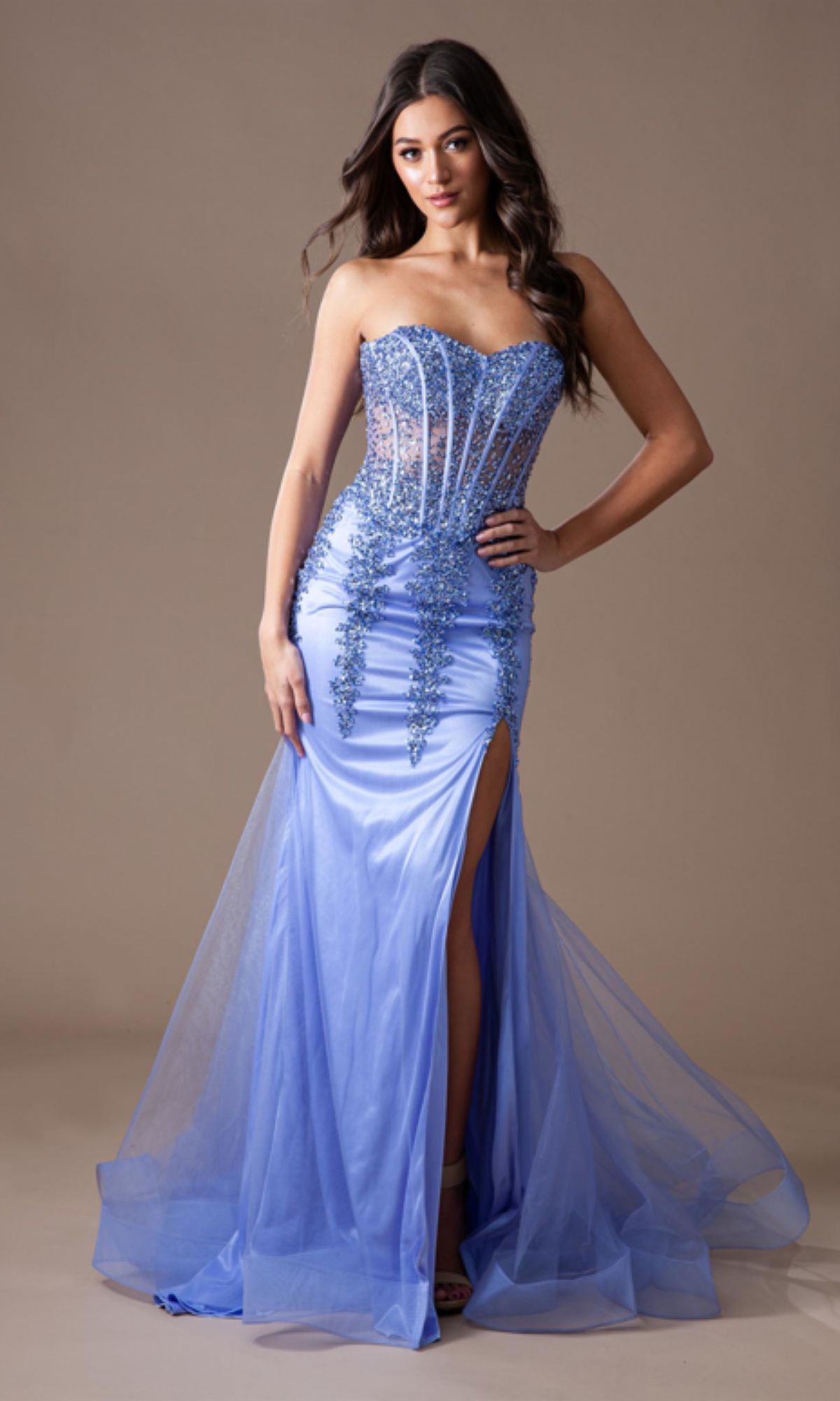 Strapless Long Beaded Prom Dress with Sheer Bodice PromGirl Strapless Long Beaded Prom Dress with Sheer Bodice PromGirl