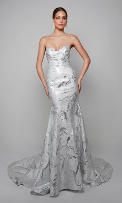 A woman poses elegantly against a plain gray background, wearing the Alyce 7055—a long white strapless dress with a fitted bodice and flared mermaid train.