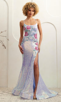 Woman wearing a light blue sequin evening gown with a high slit and floral designs on a neutral background