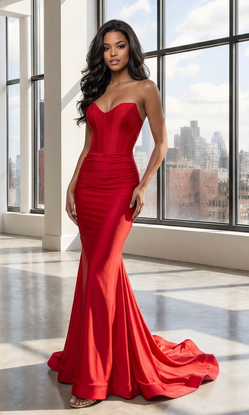 Wearing the Atria 7077H Long Prom Dress in red, a woman stands indoors by large windows overlooking city buildings. The strapless gown features a striking bodycon silhouette and a lace-up open back.