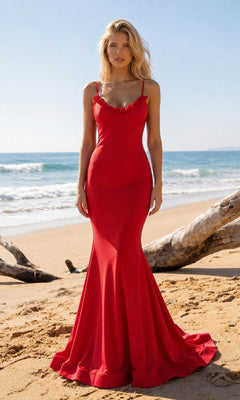 Wearing the Atria 7082H Long Prom Dress in red, a woman stands on a sandy beach with ocean waves and driftwood in the background, showcasing the gown’s fitted silhouette and open back.