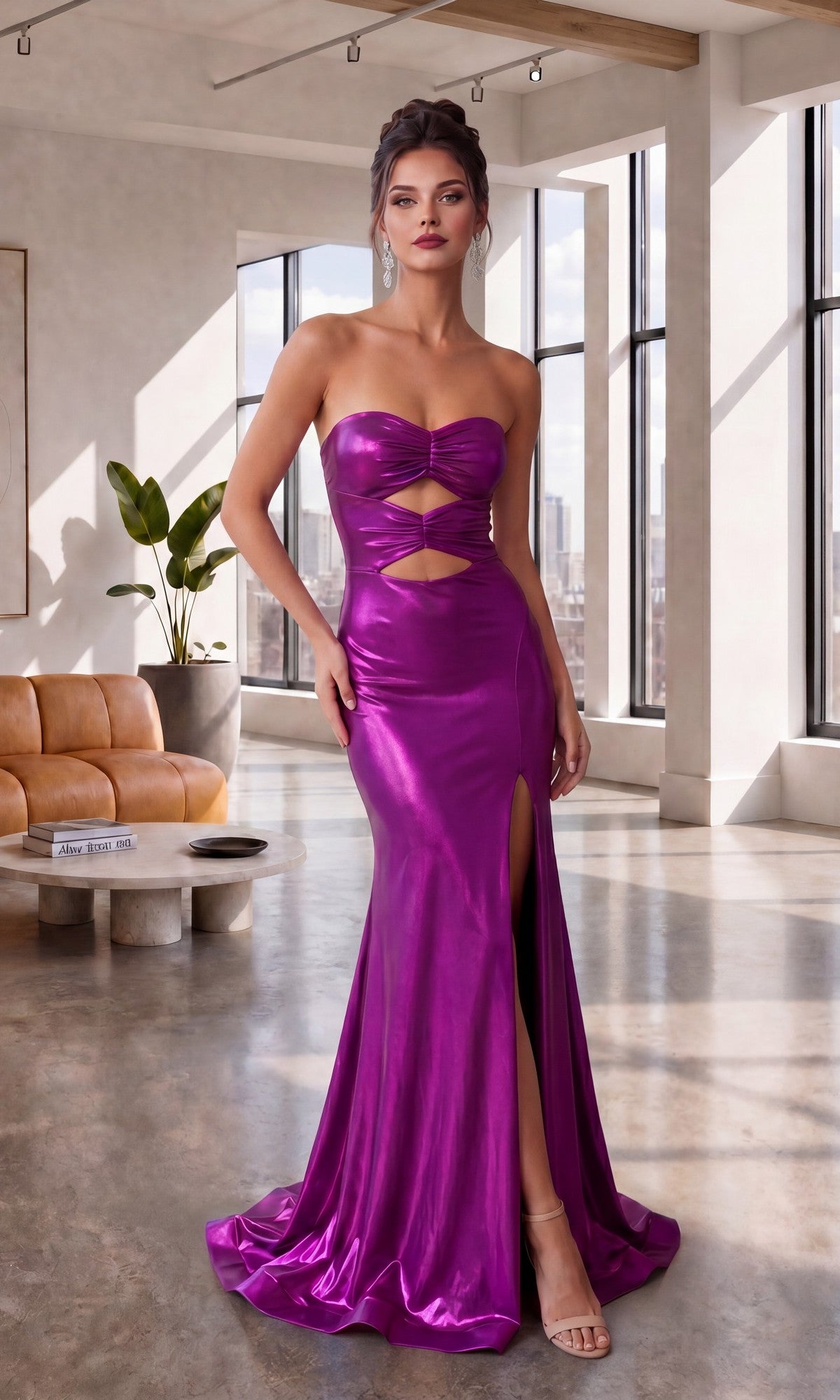 A woman wearing the Atria 7083HF long prom dress in Crazy Plum Foil—with a strapless metallic finish, cutouts, and a thigh-high slit—stands in a modern living room with large windows.