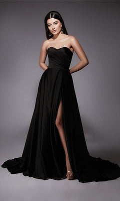 A woman models the Alyce 7088 Long Formal Dress in black, featuring a strapless design and high slit, set against a plain gray background.