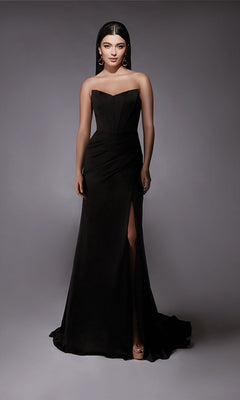 A woman models the Alyce 7093 long formal dress, a strapless satin gown with a thigh-high slit, standing against a plain gray background.