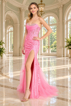 Amelia Couture 7096 floor-length pink corset prom dress with a strapless sweetheart neckline, beaded bodice, and high side slit.