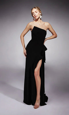 A woman models the Alyce 7114 long formal dress—a strapless sheath gown with a thigh-high slit—paired with earrings and open-toe heels against a plain background.