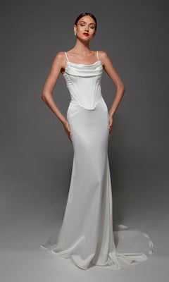 Diamond white fit-and-flare Alyce 7175 bridal gown featuring a corset bodice, elegant cowl neckline, delicate spaghetti straps, and a small train. This long wedding dress in satin perfectly blends timeless sophistication with modern charm.