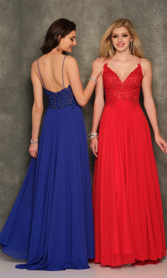 Two women wear Classic Long A-Line Prom Gown: Dave & Johnny A7248 in red and blue, featuring embroidered-lace bodices and spaghetti straps, standing against a textured gray background.