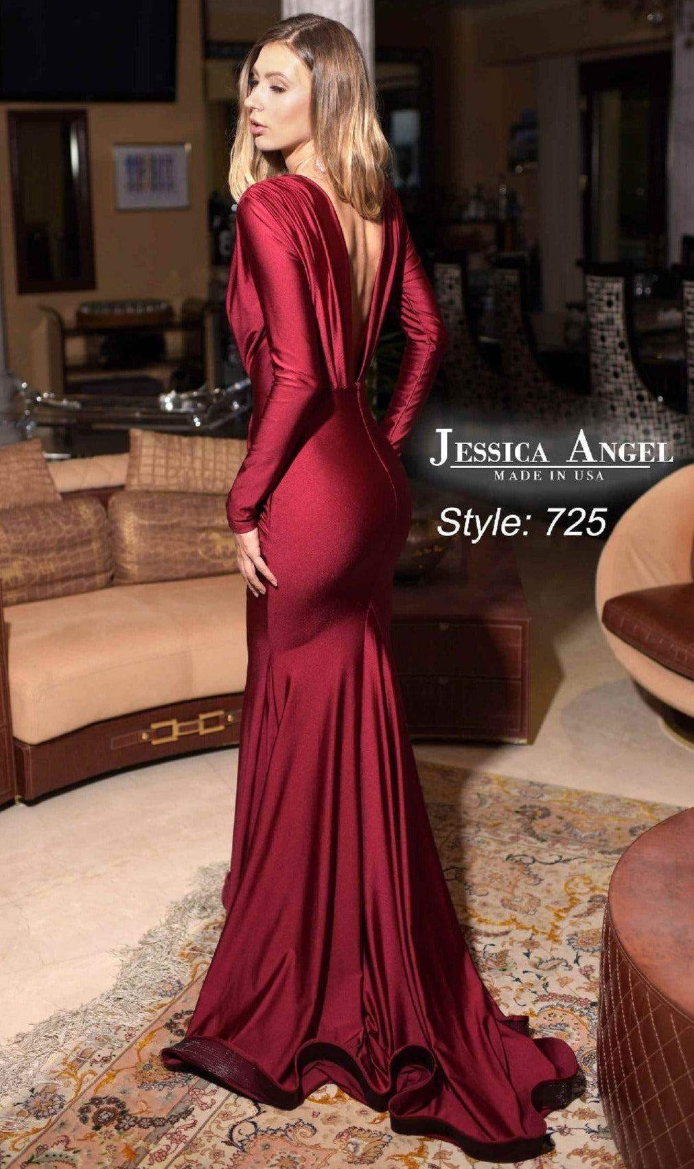 A woman stands on a patterned rug indoors wearing the Long Sleeve Long Formal Dress: Jessica Angel 725 in deep red. Text on image reads: 
