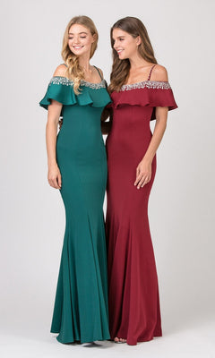 Two women stand side by side, each wearing the Eureka 7333 Long Prom Dress—one in hunter green and one in red—with beaded detailing along the off-the-shoulder neckline.