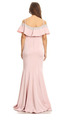 A woman is seen from the back wearing the Eureka 7333 long prom dress—light pink, off-the-shoulder, with beaded detailing and a floor-length silhouette.