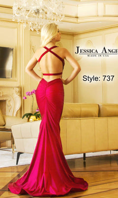 A woman in a bright red Jessica Angel 737 Tight Long Mermaid Prom Dress with crisscross straps stands in an elegant living room. Text on image: "Jessica Angel, Made in USA, Style: 737.