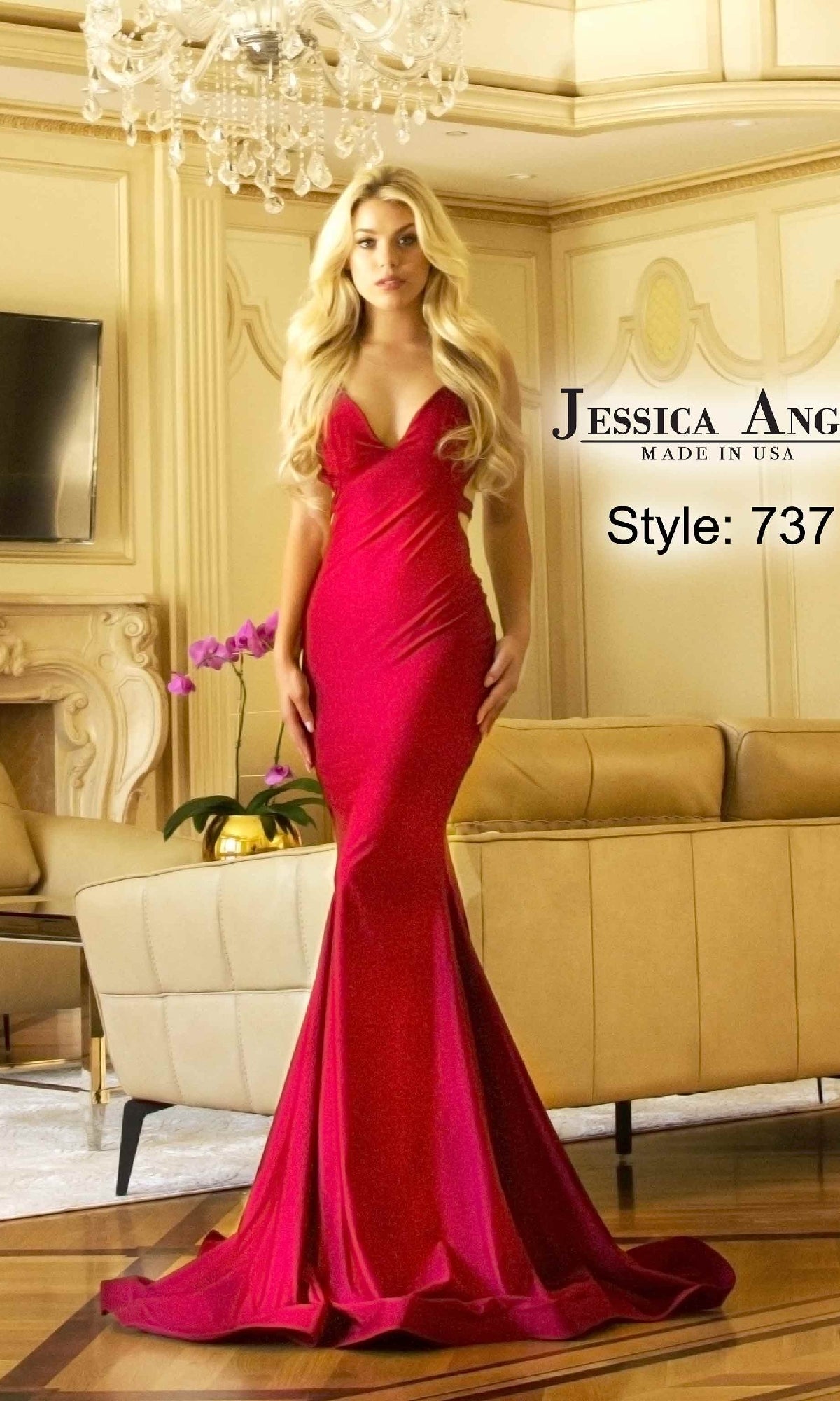 A woman in a bright pink Tight Long Mermaid Prom Dress: Jessica Angel 737 poses in an elegant living room beside a beige sofa and potted orchid. The text on the image reads “Jessica Angel, Style: 737.”.