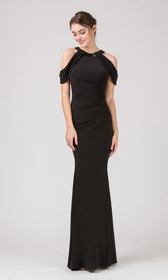 A woman models the Eureka 7400 long formal dress in black, featuring a cold shoulder neckline and fitted silhouette, against a plain light background.