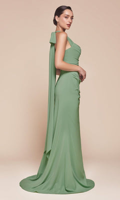 A woman stands against a plain beige background, wearing the Ladivine 7433—a floor-length, sleeveless, light green Multi-Way Long Chiffon Prom Dress with a draped shoulder detail.