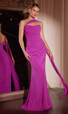 A woman in the Ladivine 7433 Multi-Way Long Chiffon Prom Dress, styled with a fitted floor-length magenta silhouette and single shoulder strap, stands before a large ornate mirror.